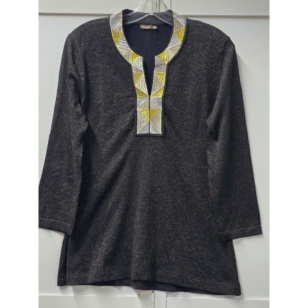 J McLaughlin Xlarge Tunic Top metallic Embroidered Black Gold Silver Aztec
